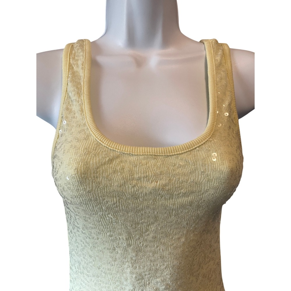 Vanity Women Y2K Sequin Festival Butter Yellow Coquette Ribbed Tank‎ Top L Indie